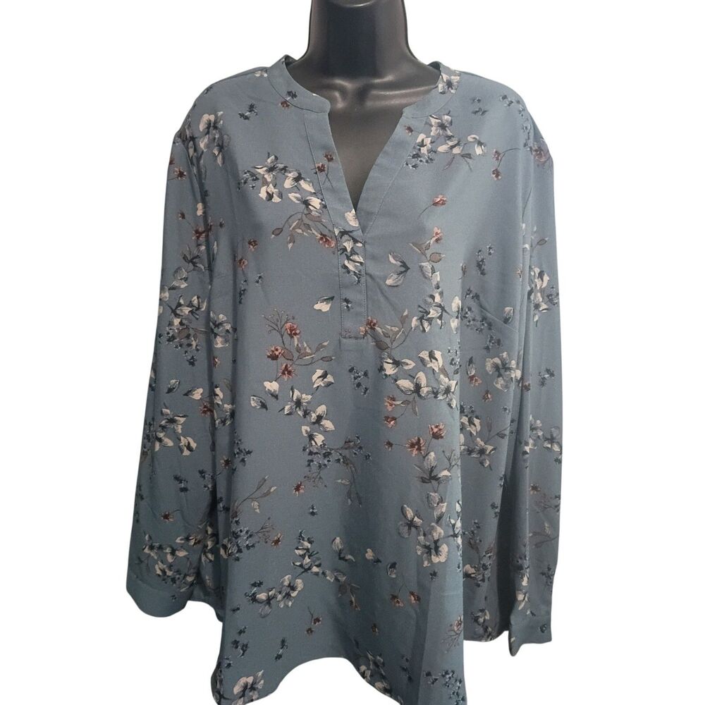 Hilary Radley XL Shirt Blue Floral  Tunic Top Casual Henley Neckline Long Sleeve